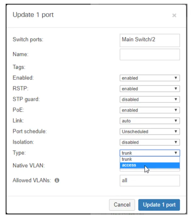 Meraki Dashboard Access Port Settings