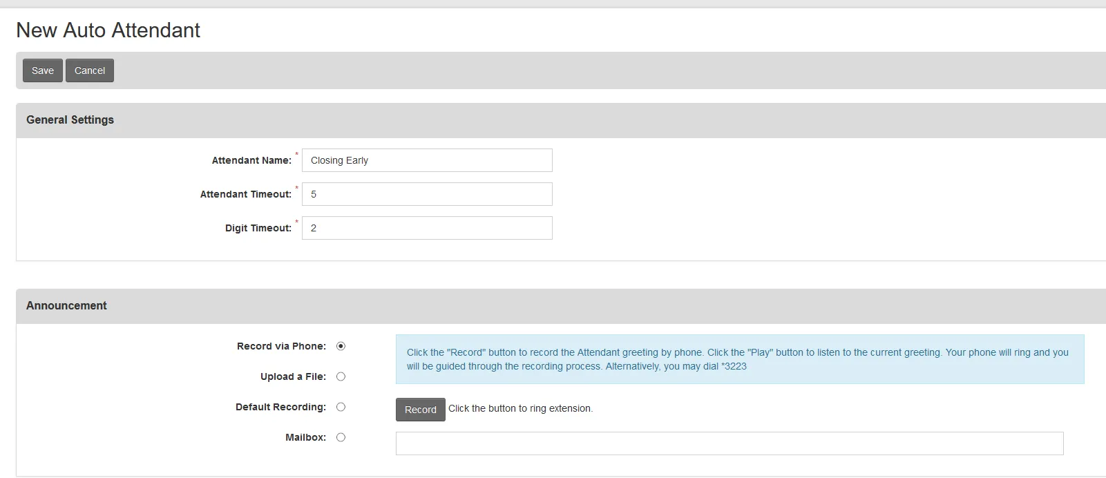 New Auto Attendant creation screen