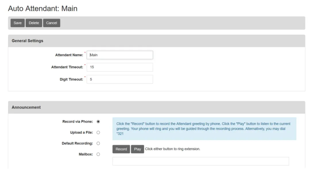 Main Auto Attendant Setup